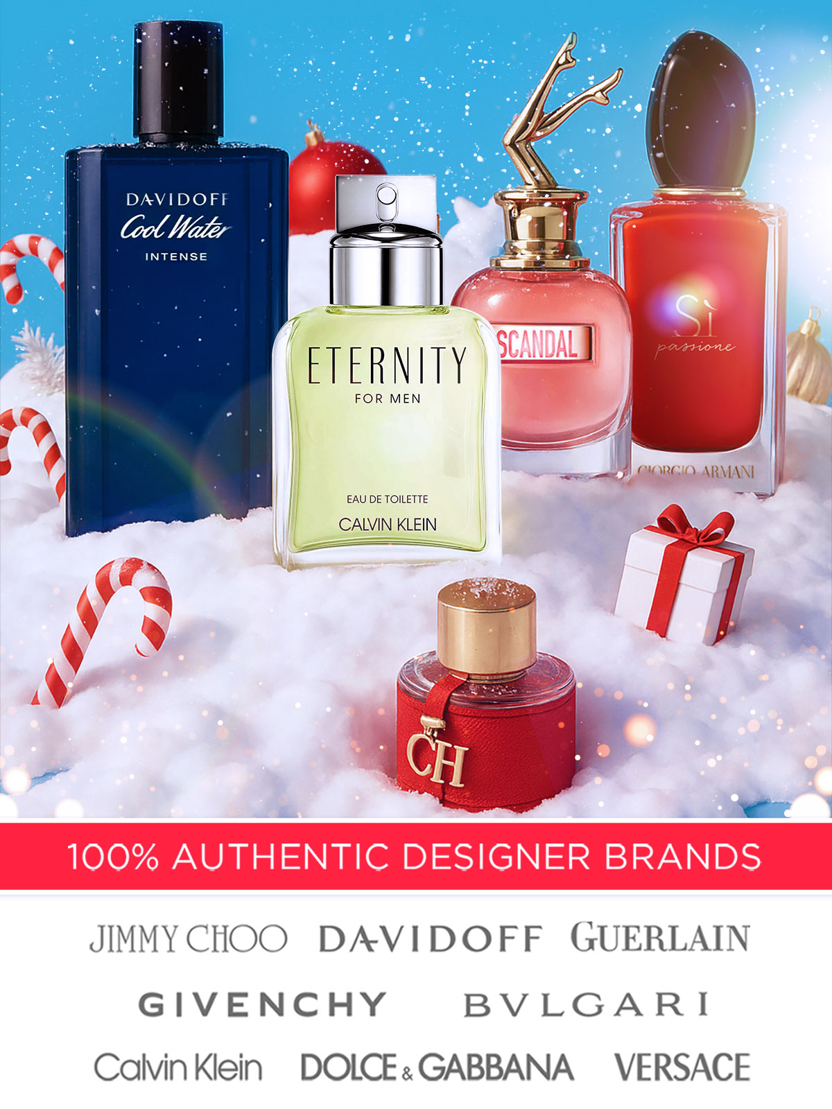 Popular perfume and cologne bottles are nestled in a blanket of snow