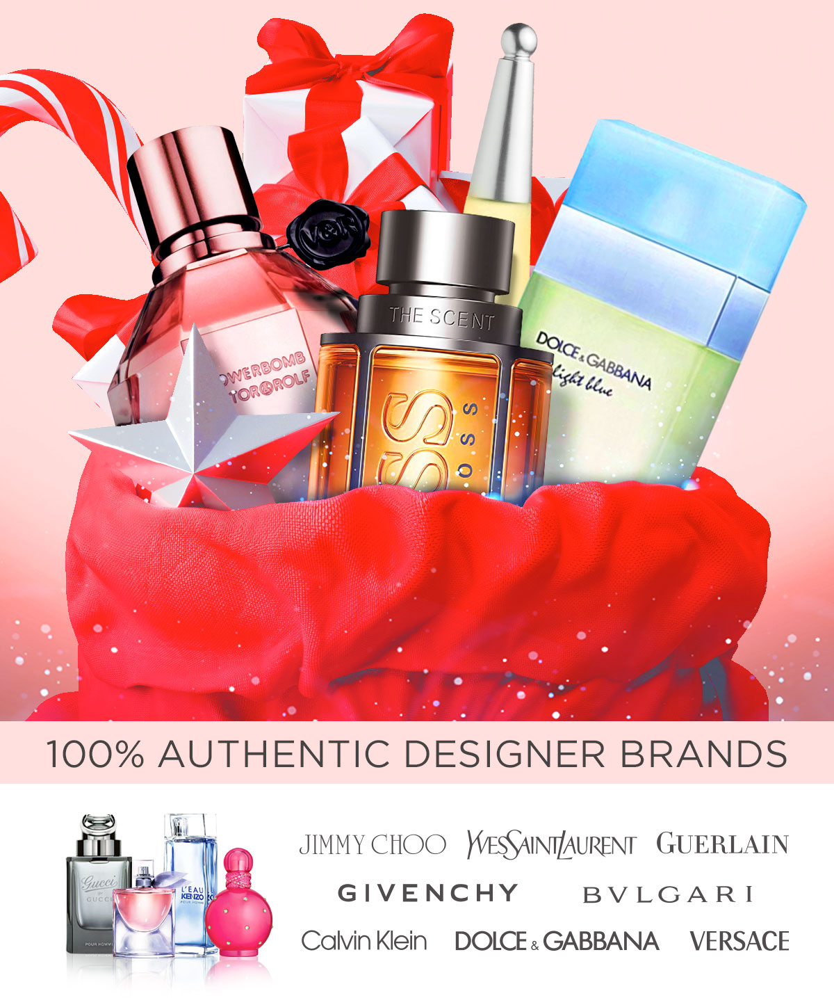 Fragrances in a red bag to advertise holiday savings