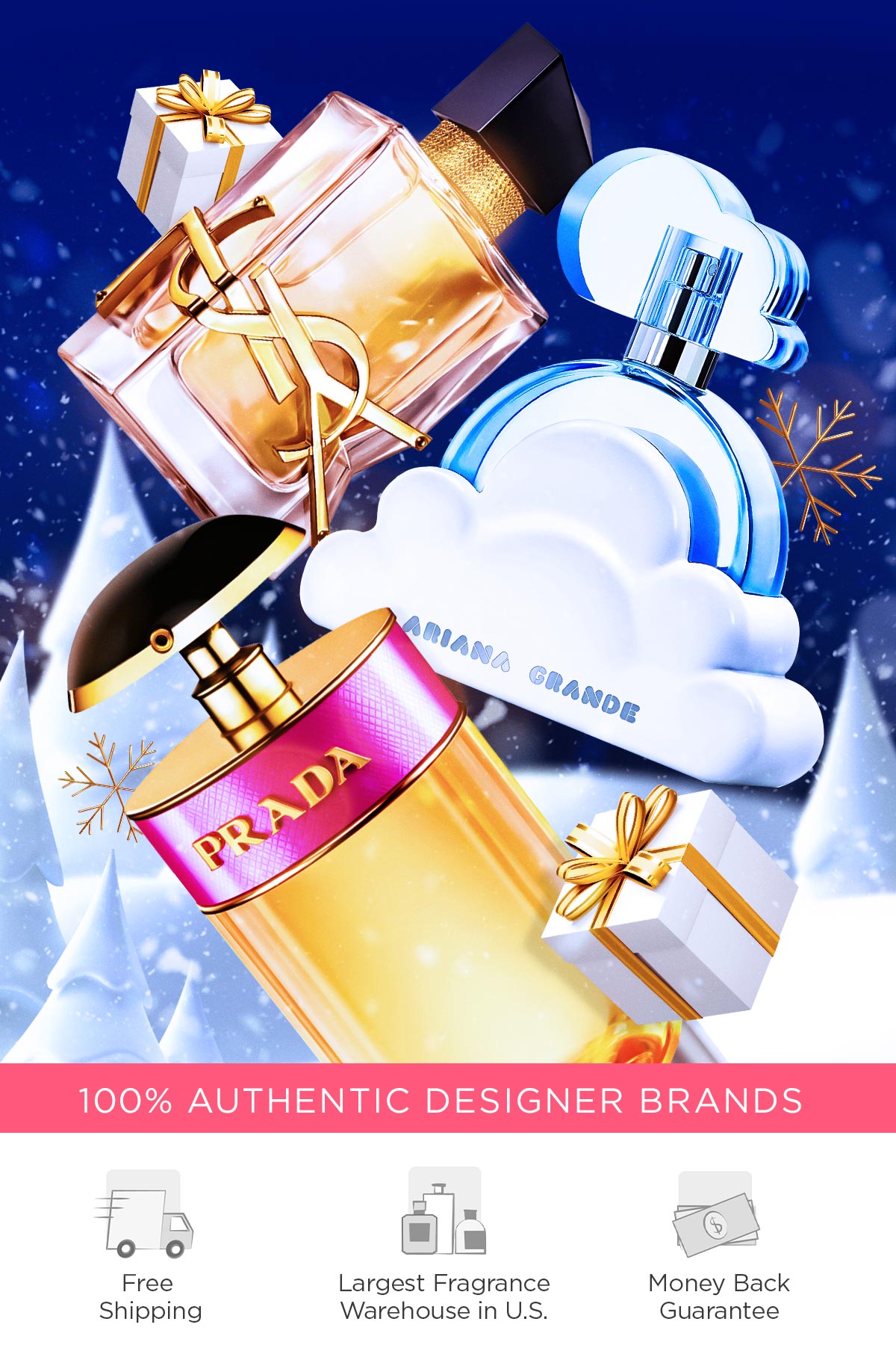 Popular fragrances float in a nighttime winter sky during holiday savings event