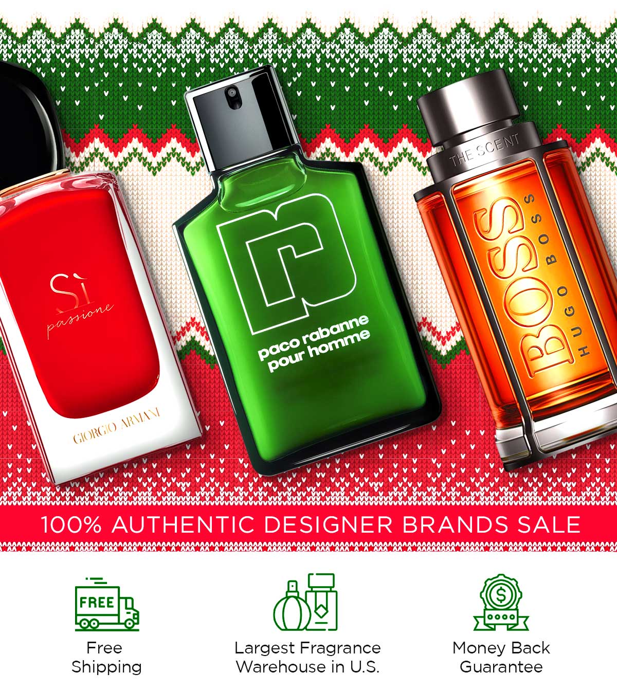 Fragrances displayed on an ugly Christmas sweater pattern to advertise holiday deals