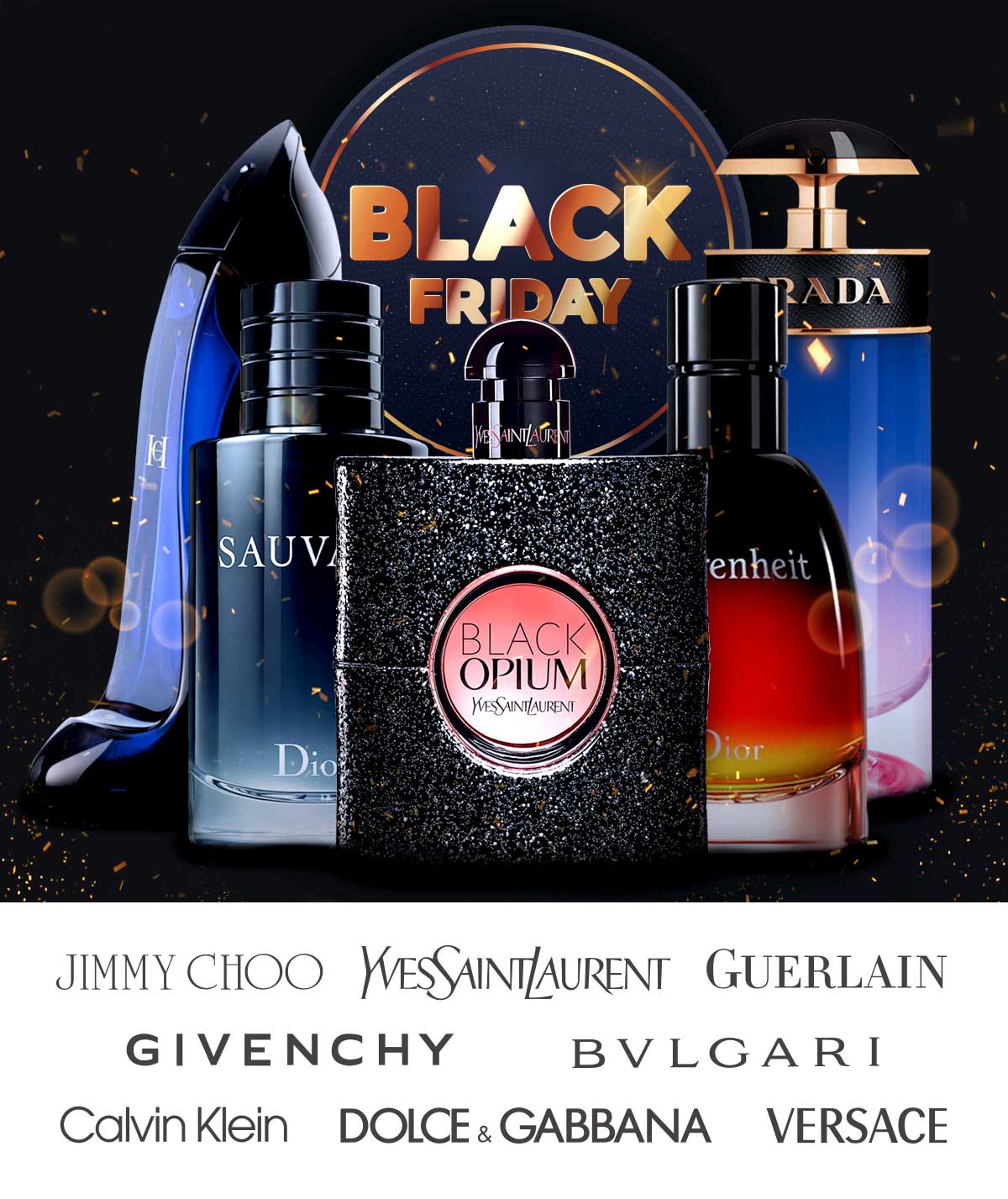 Gold Black Friday display shows off perfumes and cologne bottles on sale