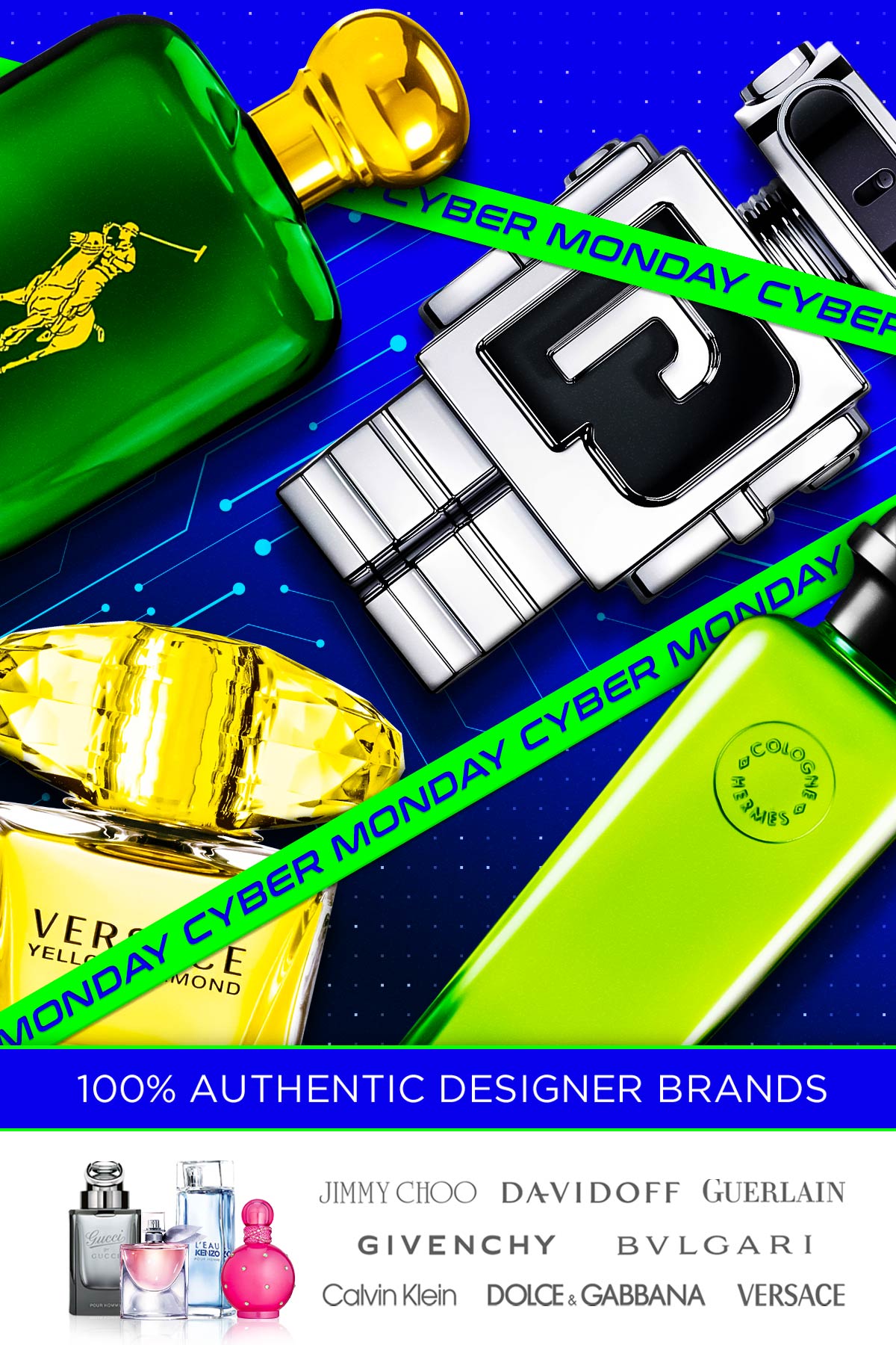 Neon ribbons surround popular scents on sale for Cyber Monday