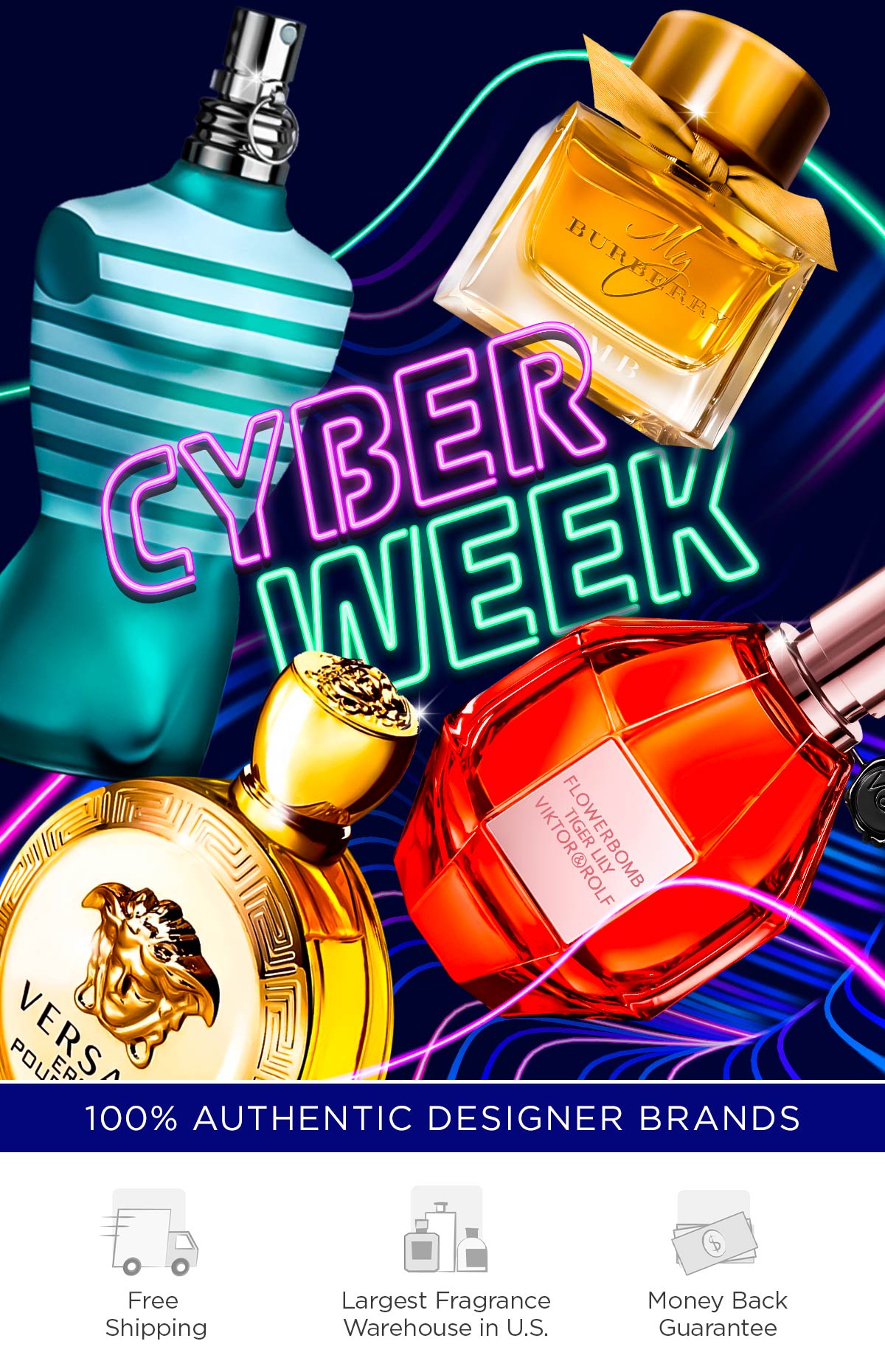 Neon letters advertise Cyber Week savings on best selling perfume and cologne