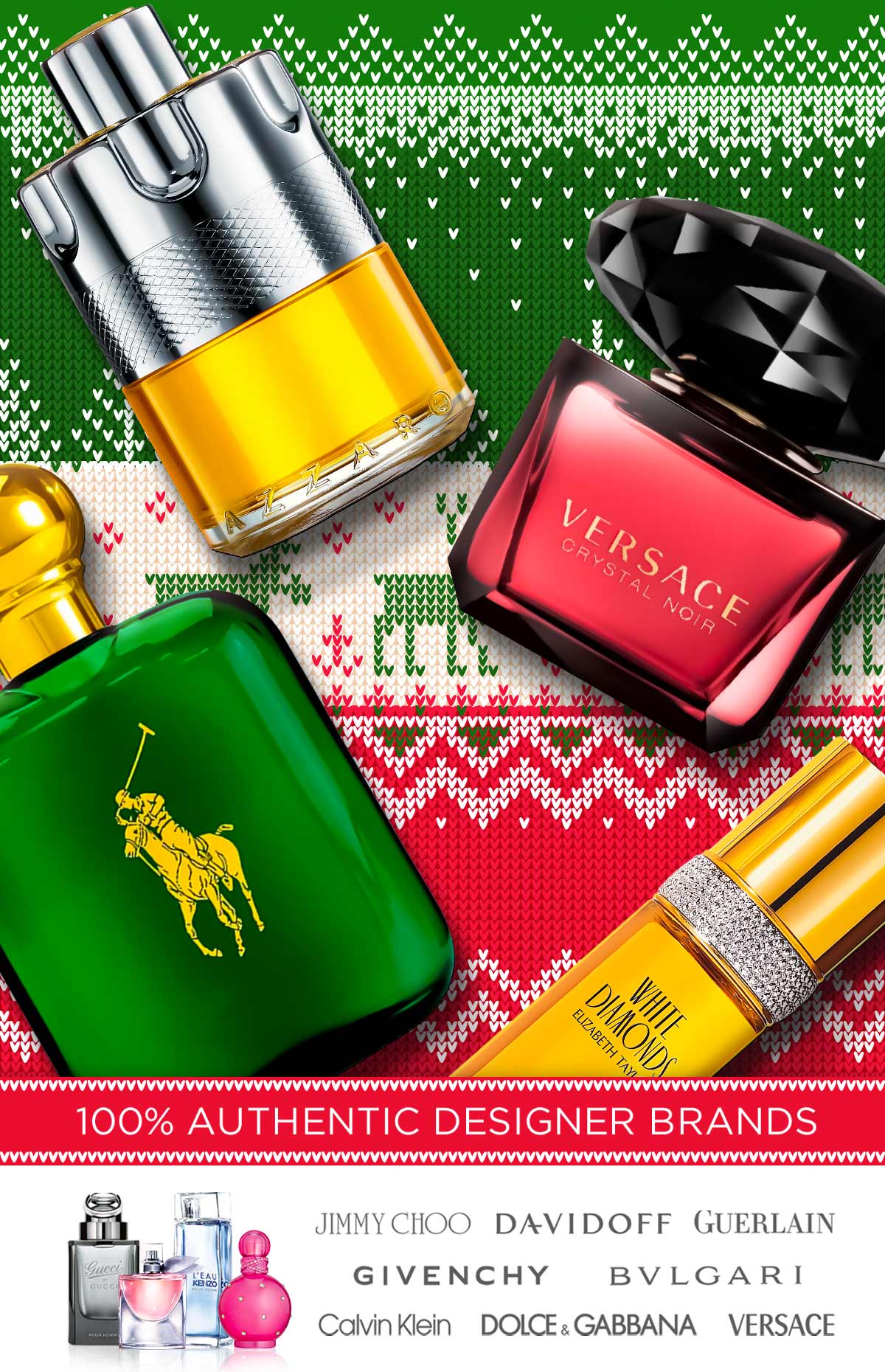 Perfume and cologne bottles are displayed on a holiday sweater