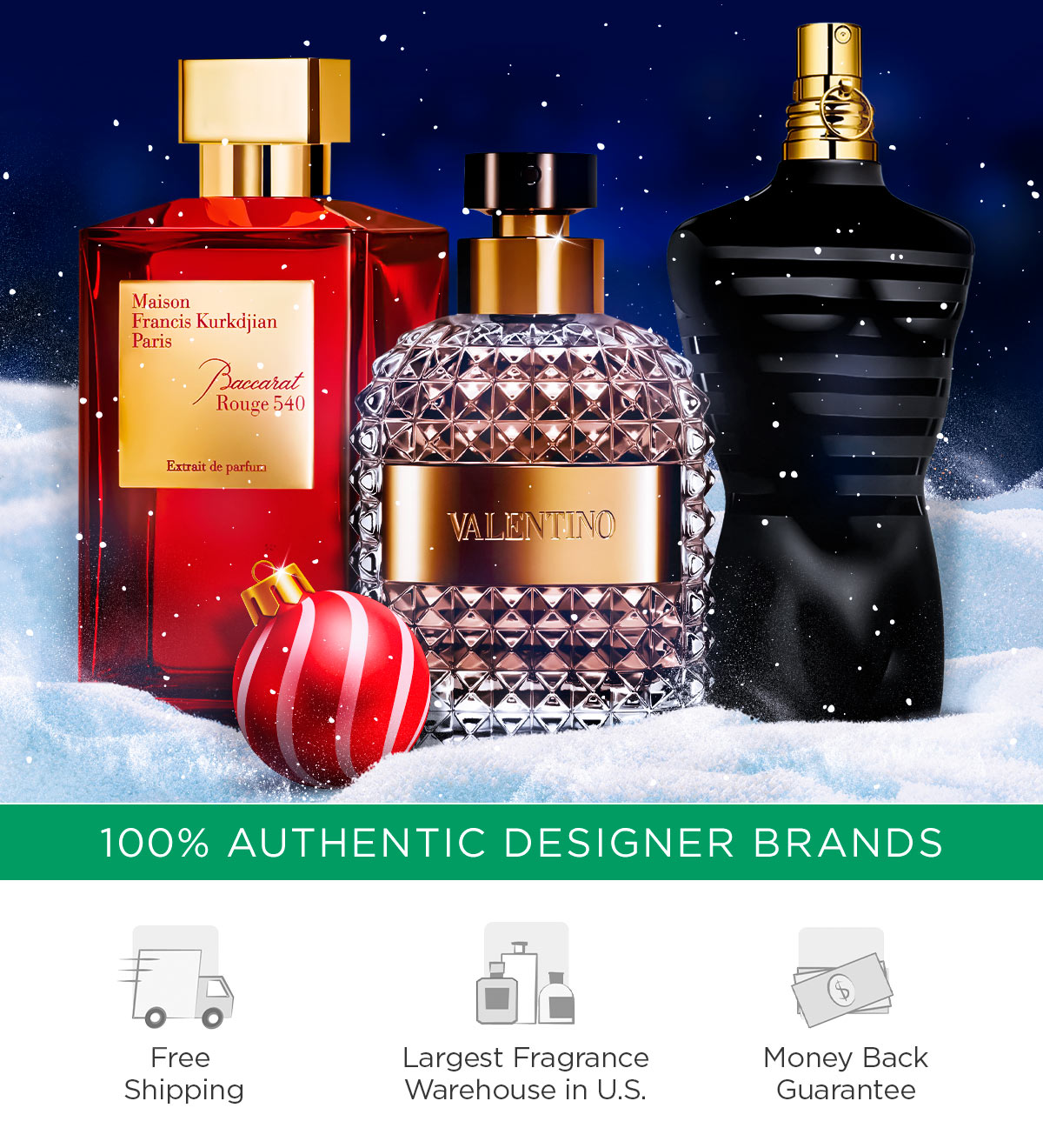 Popular perfume and cologne sit in a winter scene with Christmas ornaments