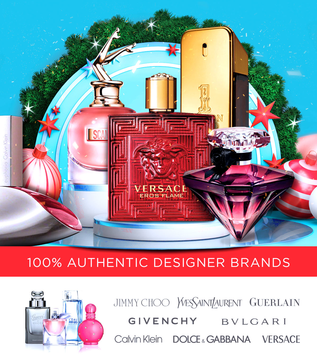 Best selling fragrances are displayed on a holiday background during sale event