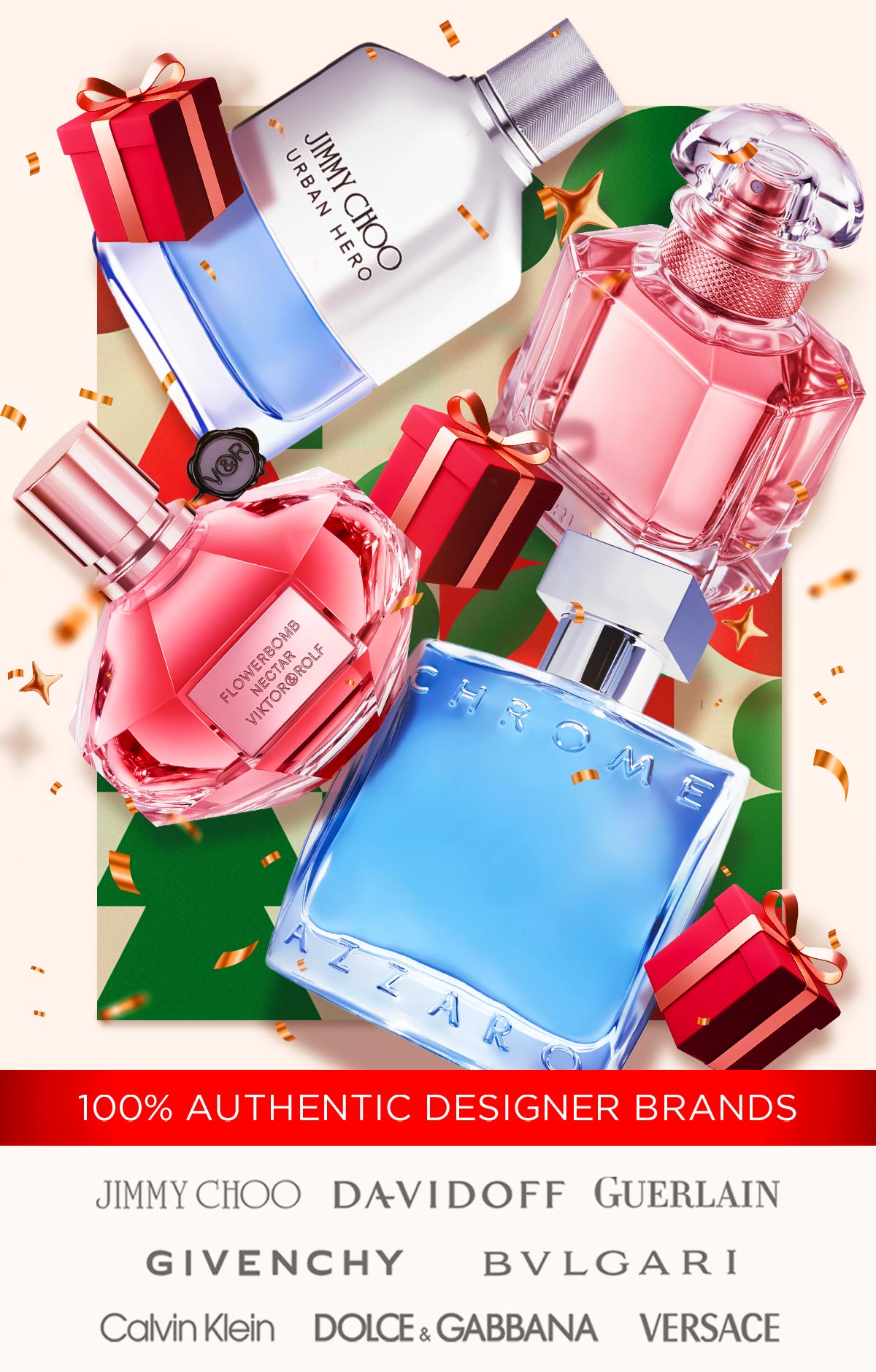 Confetti is scattered around top perfume and cologne bottles during holiday savings