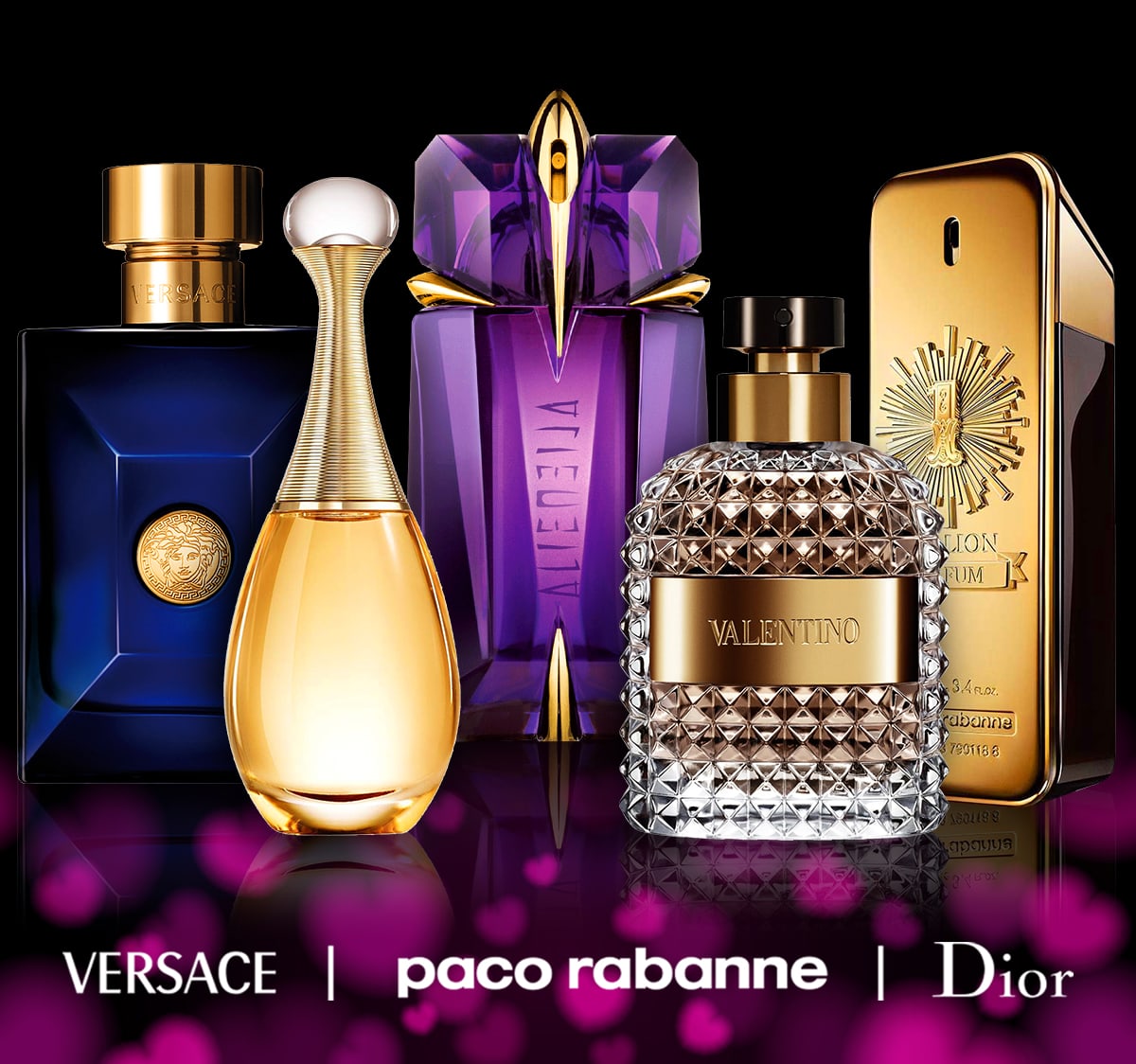 Perfume and Cologne are Displayed on a Background of Hearts for Valentine's Day