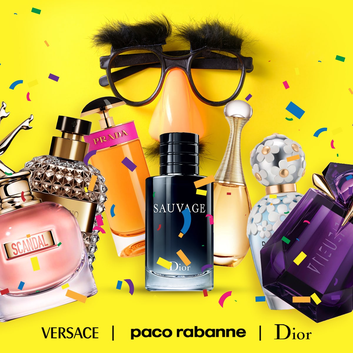 Fragrances shown with joke glasses to advertise April Fools' deals