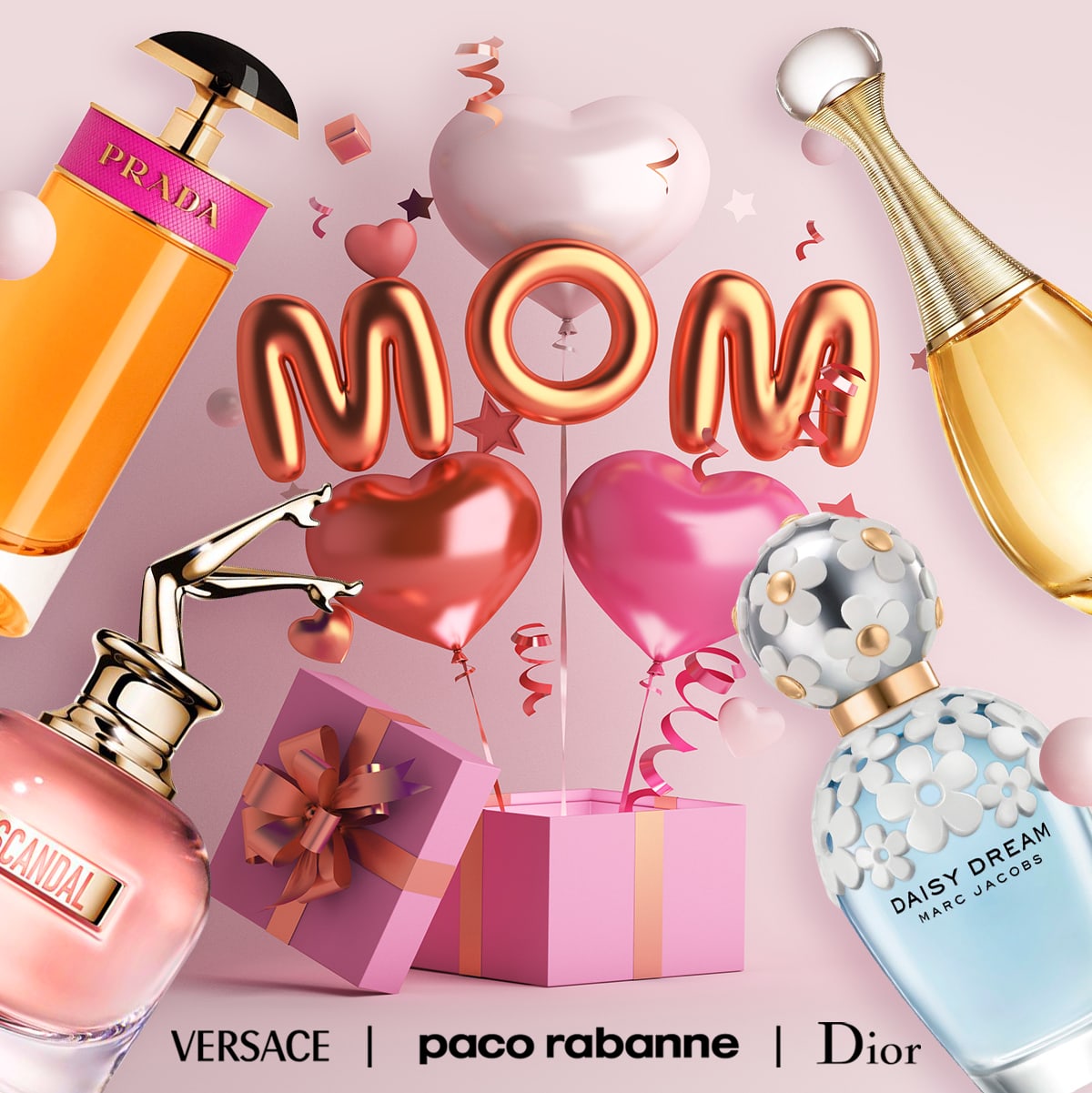 Fragrances surround a gift box filled with presents for Mother's Day