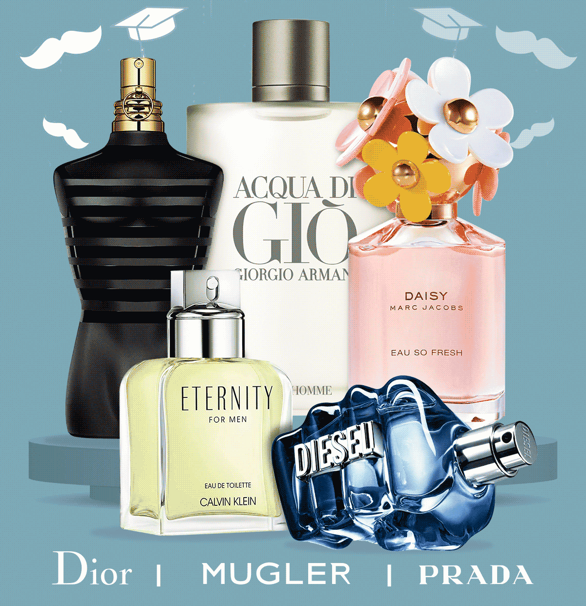 Perfume bottles and Dads and Grads decorations