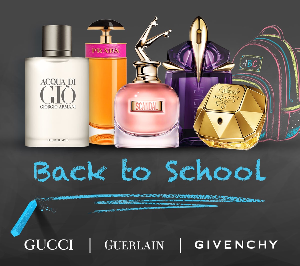 Fragrances surrounded by chalk drawings for back to school sale