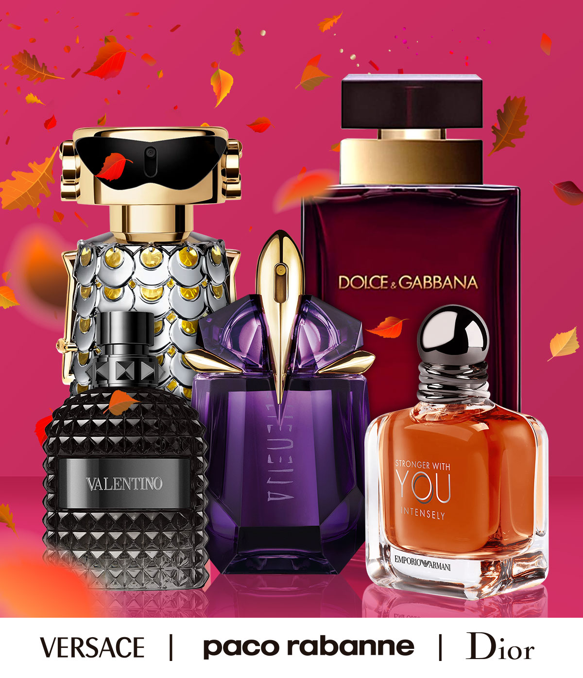 Falling leaves surround perfume and cologne on sale during fall savings