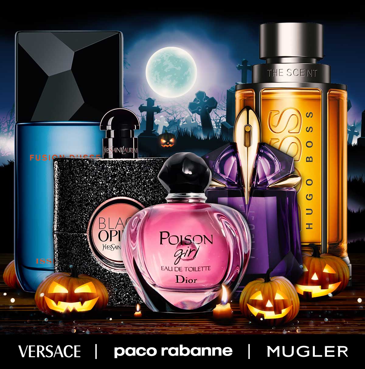 Popular fragrances on display with a creepy background and glowing jackolanterns for Halloween sale