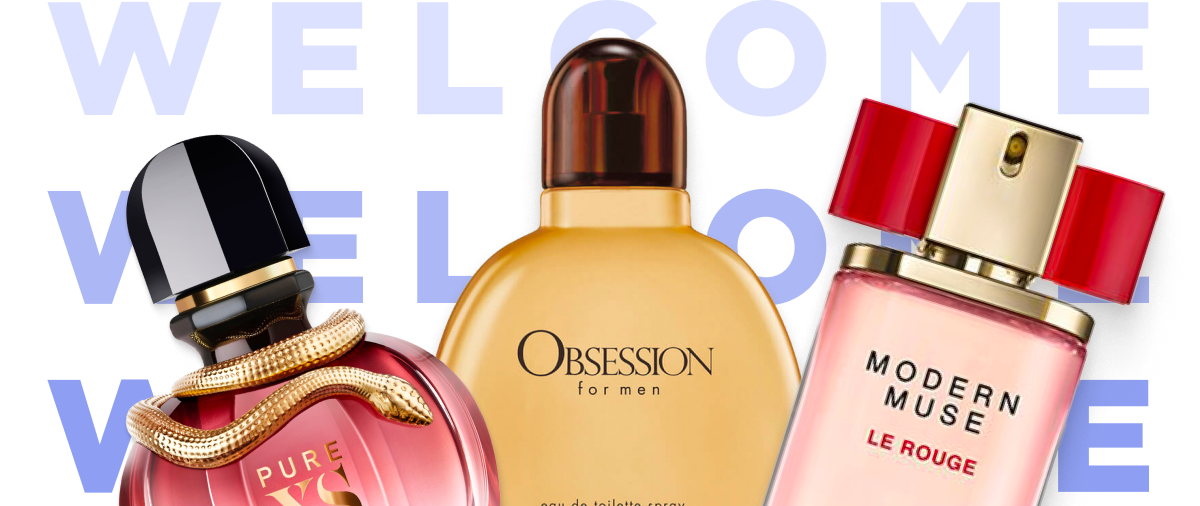 Best selling fragrances are displayed on a welcome background