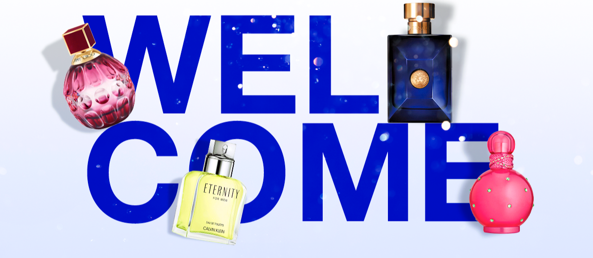 Popular perfume and colognes surround welcome lettering