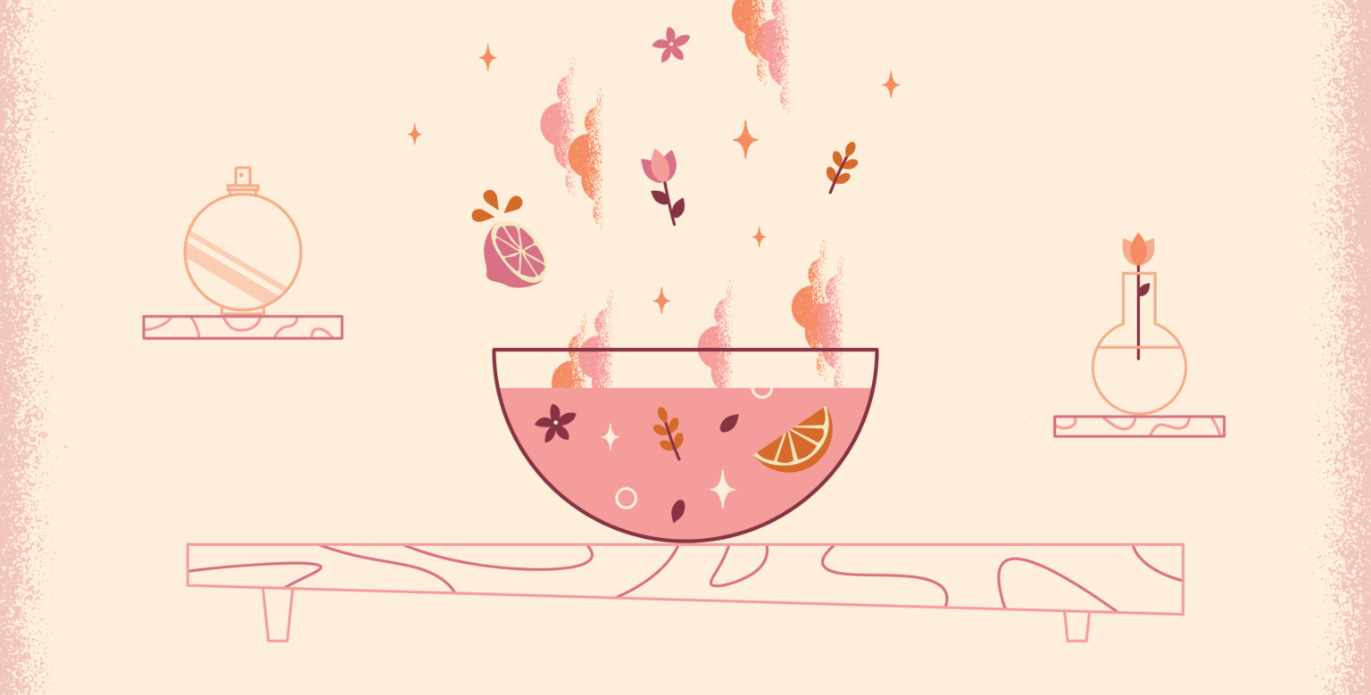 illustrated bowl of ingredients being added to make perfume