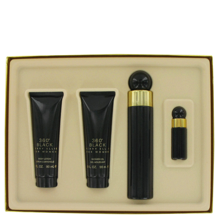 Perry Ellis 360 Black for Women, Gift Set (3.4 oz EDP Spray + 3 oz Body Lotion + 3 oz Shower Gel + .25 oz Mini EDP)