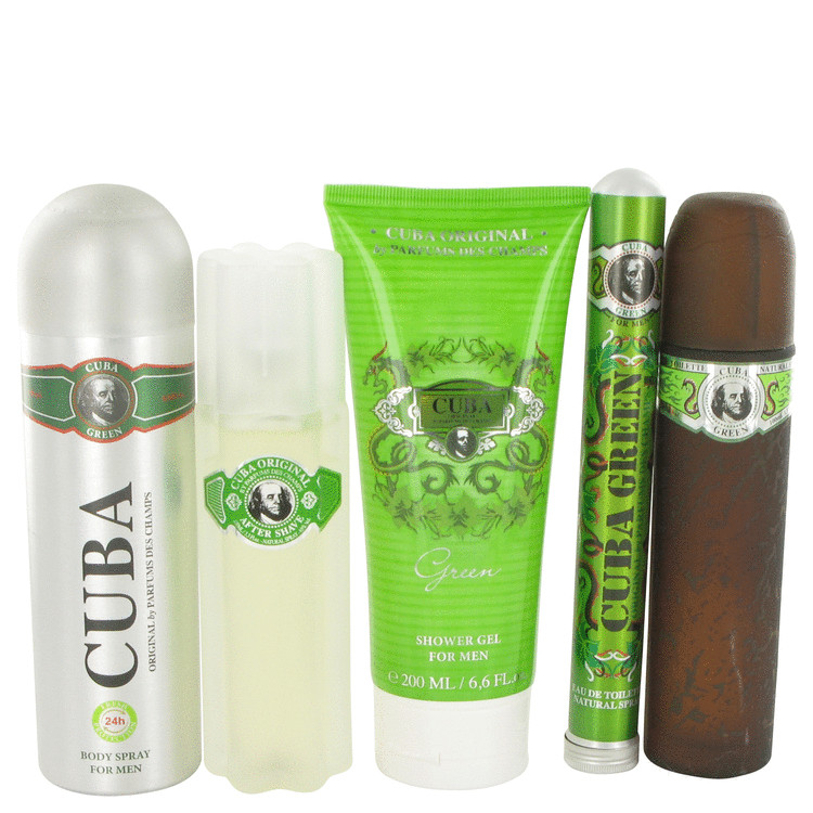 Cuba Green for Men, Gift Set (3.4 oz EDT Spray + 1.17 oz EDT Spray + 3.4 oz After Shave Spray + 6.7 oz Body Spray + 6.7 oz Shower Gel)