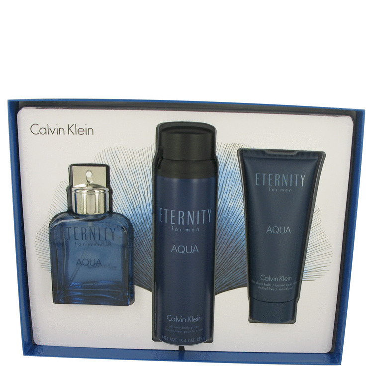 Eternity Aqua for Men, Gift Set (3.4 oz EDT Spray + 5.4 oz All Over Body Spray + 3.4 oz After Shave Balm)