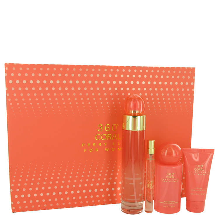 Perry Ellis 360 Coral for Women, Gift Set (3.4 oz EDP Spray + .33 oz Mini EDP Spray + 2 oz Hand Cream + 4 oz Body Mist Spray)