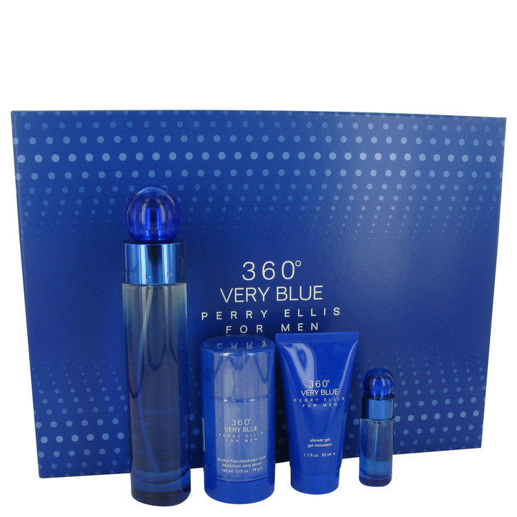 Perry Ellis 360 Very Blue for Men, Gift Set (3.4 oz EDT Spray + .25 oz Mini EDT Spray + 2.75 oz Deodorant Stick + 1.7 oz Shower Gel)