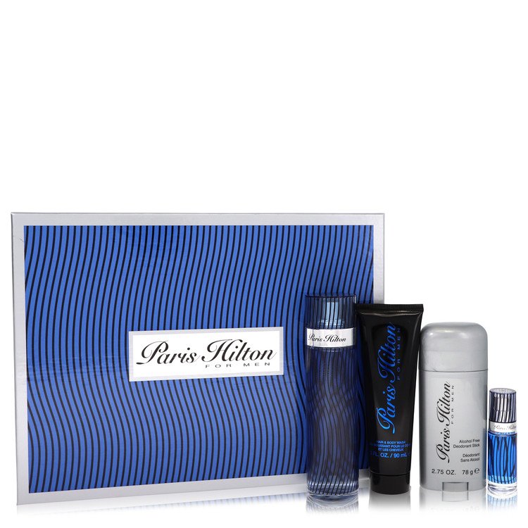 Paris Hilton for Men, Gift Set (3.4 oz EDT Spray + 3 oz Body Wash + 2.75 oz Deodorant Stick + .25 Mini EDT Spray) Cologne