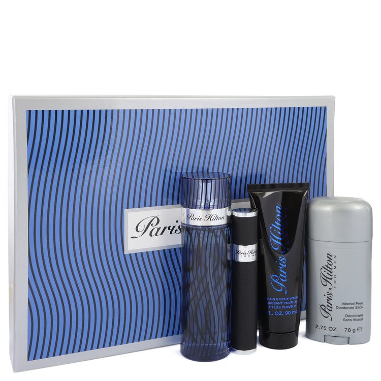 Paris Hilton for Men, Gift Set (3.4 oz EDT Spray + .34 oz Mini EDT Spray + 3 oz Hair & Body Wash + 2.75 Deodorant Stick (Alcohol Free))