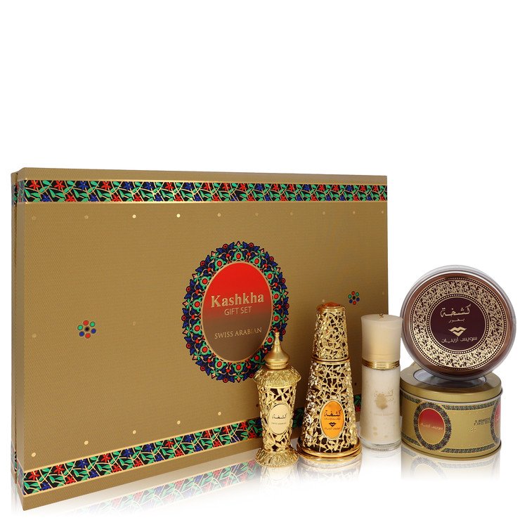 Image Of     Swiss Arabian Kashkha by Swiss Arabian Men Gift Set -- 1.7 oz Eau De Parfum + .7 oz Concentrated Perfume Oil + 24 grams of Oud Muattar Incense + 6 tablets of Bakhoor Incense + 1.35 oz Body Lotion 