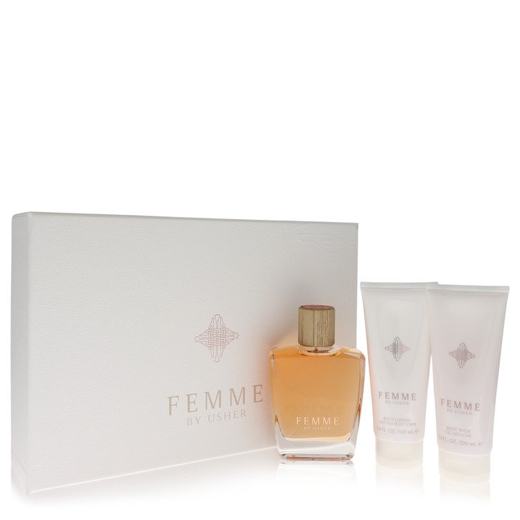 Usher Femme Gift Set -- Gift Set - 3.4 oz EDP Spray + 3.4 oz Body Lotion + 3.4 oz Shower Gel for Women
