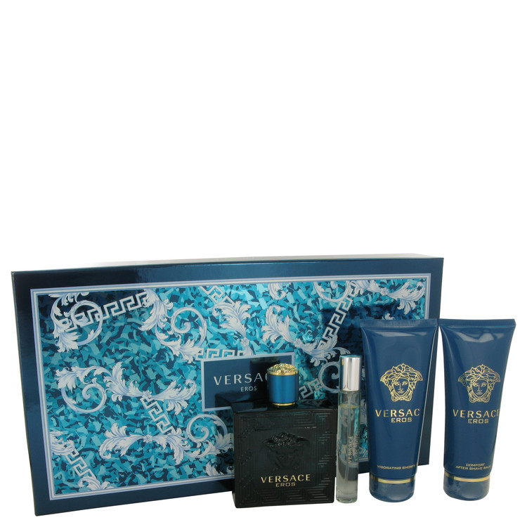 Versace Eros for Men, Gift Set (3.4 oz EDT Spray + 0.34 oz Mini EDT Spray + 3.4 oz After Shave Balm + 3.4 oz Shower Gel)