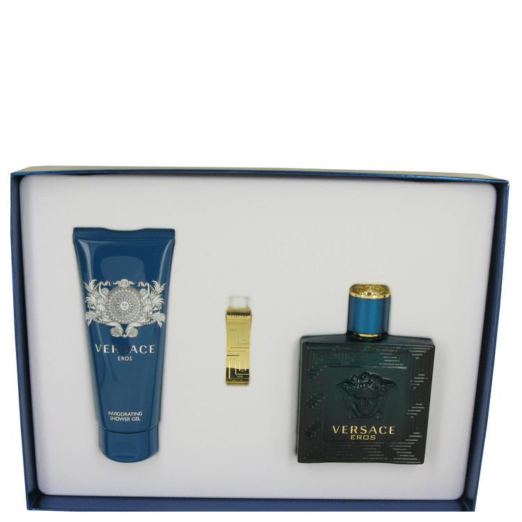 Versace Eros for Men, Gift Set (3.4 oz EDT Spray + 3.4 oz Shower Gel + Gold Money Clip)