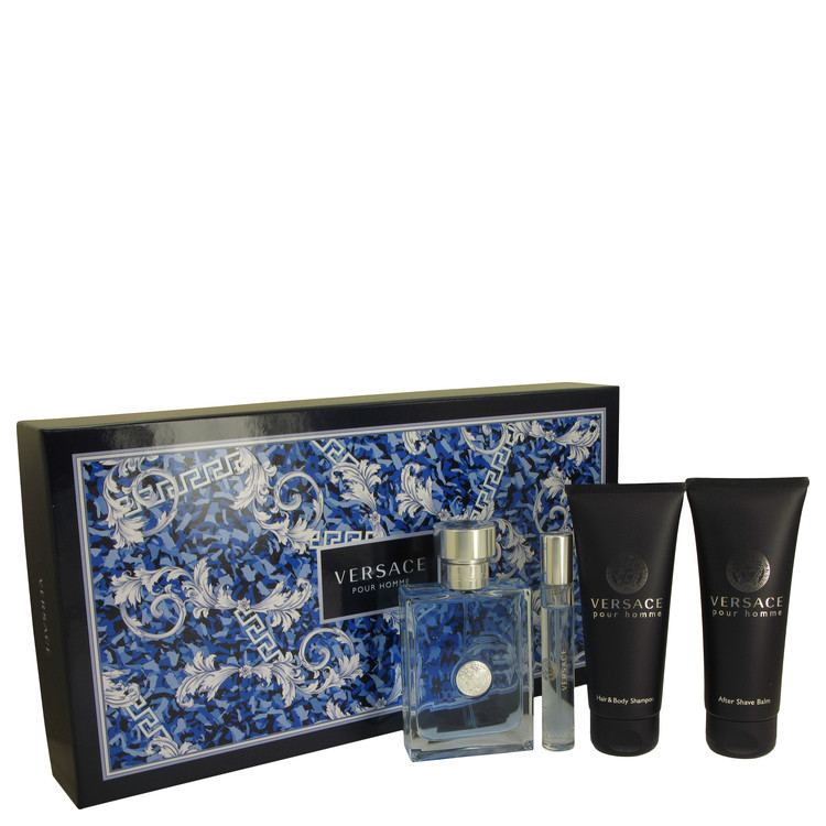 Versace Pour Homme for Men, Gift Set (3.4 oz EDT Spray + 0.3 oz Mini EDT Spray + 3.4 oz After Shave Balm + 3.4 oz Hair & Body Shampoo)