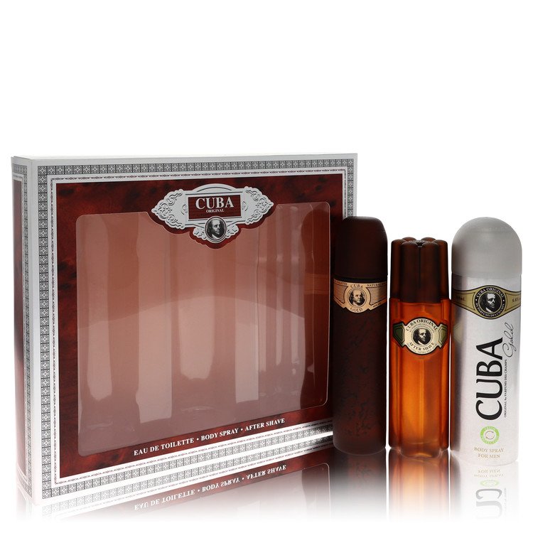 Cuba Gold Cologne by Fragluxe -- Gift Set - 3.3 oz Eau De Toilette Spray + 3.3 oz After Shave Spray + 6.7 oz Body Deodorant Spray