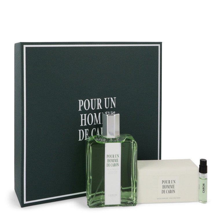 Caron Pour Homme Cologne by Caron -- Gift Set - 4.2 oz Eau De Toilette Spray + 3.3 oz Soap + .06 oz Vial (sample)