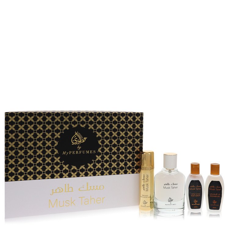 Musk Taher Cologne by My Perfumes -- Gift Set - 3.4 oz Eau De Parfum Spray + 3.4 oz Perfumed Hair & Body Mist + 2 oz Shower Gel + 2 oz Body Lotion