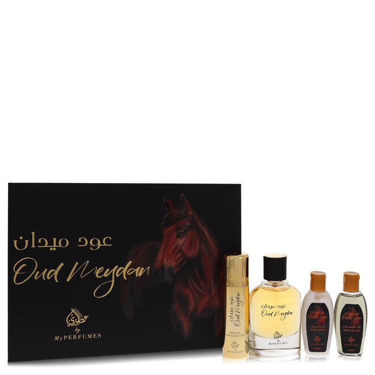 Oud Meydan Cologne by My Perfumes -- Gift Set - 3.4 oz Eau De Parfum Spray + 3.4 oz Perfumed Hair & Body Mist + 2 oz Shower Gel + 2 oz Body Lotion