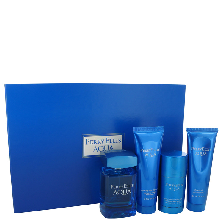 Perry Ellis Aqua for Men, Gift Set (3.4 oz EDT Spray + 2.75 oz Deodorant Stick + 3 oz After Shave Gel + 3 oz Shower Gel)