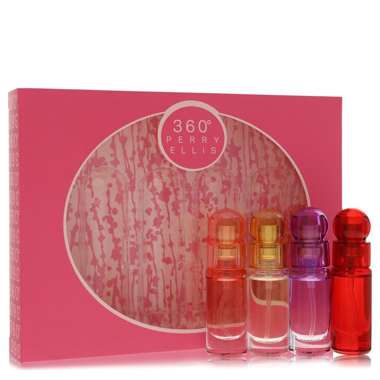 Perry Ellis 360 Perfume by Perry Ellis Perfume -- Gift Set - Four piece Travel Gift Set Includes .25 oz Mini Eau De Parfum Spray of each. 360 Coral, 360 For Women, 360 Purple, 360 Red.
