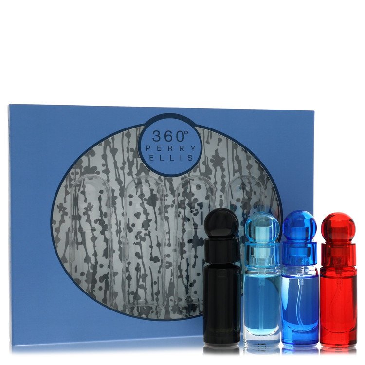 Perry Ellis 360 Cologne by Perry Ellis Cologne -- Gift Set - Four piece Travel Gift Set Includes .25 oz Mini EDT Spray of each. 360 Black, 360 For Men, 360 Very Blue, 360 Red.