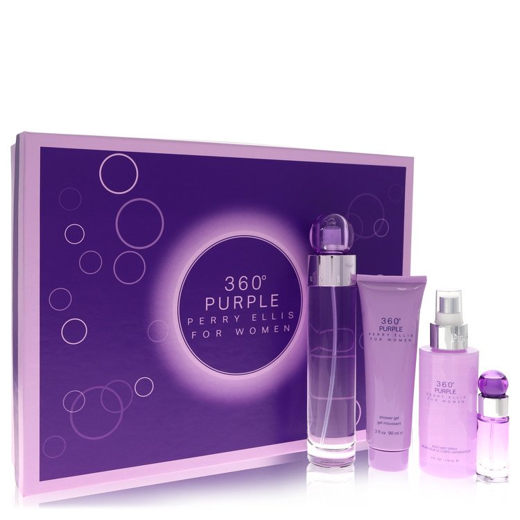 Perry Ellis 360 Purple Perfume Gift Set - 3.4 oz Eau De Parfum Spray + .25 oz Mini EDP Spray + 4 oz Body Mist Spray + 3 oz Shower Gel Guatemala