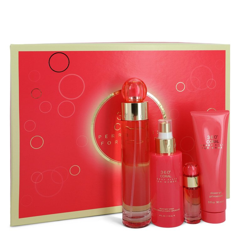 Perry Ellis 360 Coral Perfume by Perry Ellis -- Gift Set - 3.4 oz Eau De Parfum Spray + .25 oz Mini EDP Spray + 4 oz Body Mist Spray + 3 oz Shower Gel