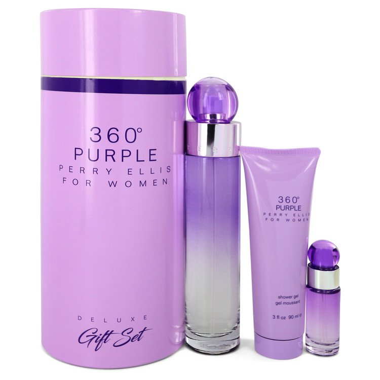 Perry Ellis 360 Purple Perfume by Perry Ellis -- Gift Set - 3.4 oz Eau De Parfum Spray + .25 oz Mini EDP Spray + 3 oz Shower Gel