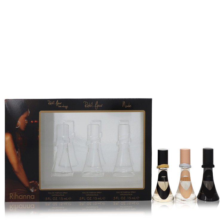 Reb'l Fleur Perfume by Rihanna -- Gift Set - Rihanna mini set includes Reb'l Fleur, Reb'l Fleur Love Always, Nude all in 0.5 oz travel sprays