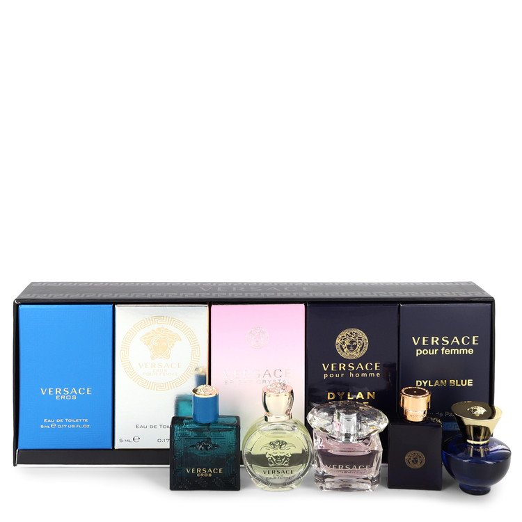 Versace Eros Perfume by Versace -- Gift Set - The Best of Versace Men's and Women's Miniatures Collection Includes Versace Eros, Versace Pour Homme Dylan Blue, Versace Pour Femme Dylan Blue, Bright Crystal and Versace Eros Pour Femme