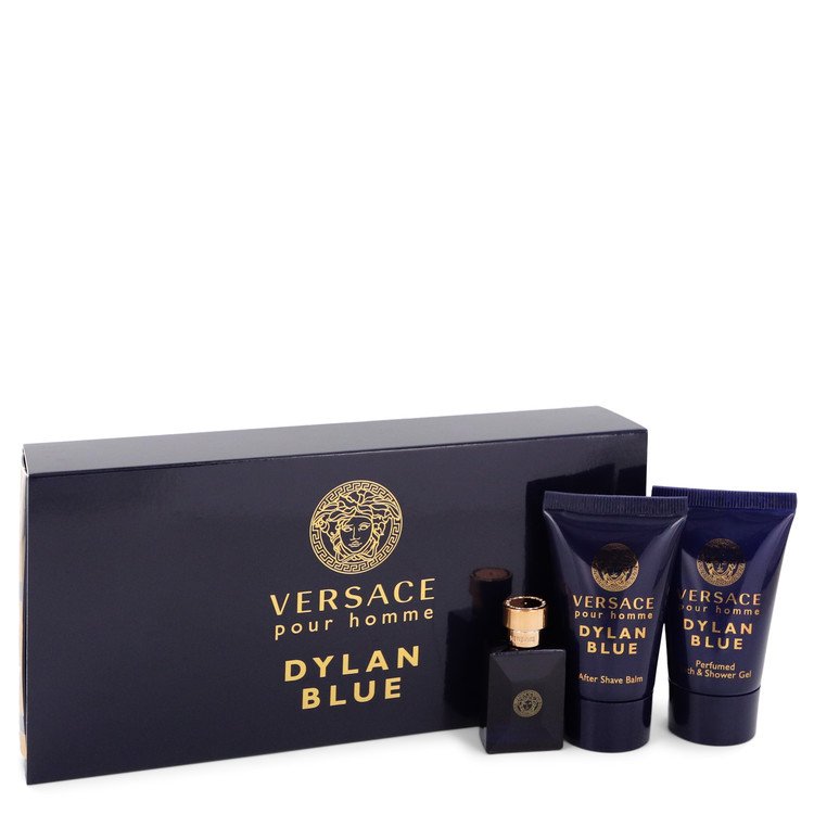 Versace Pour Homme Dylan Blue Cologne by Versace -- Gift Set - 0.17 oz Mini EDT + 0.8 oz After Shave Balm + 0.8 oz Shower Gel